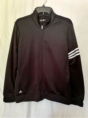 adidas Womans Black Full‑Zip Performance Jacket with White Sleeve Stripes